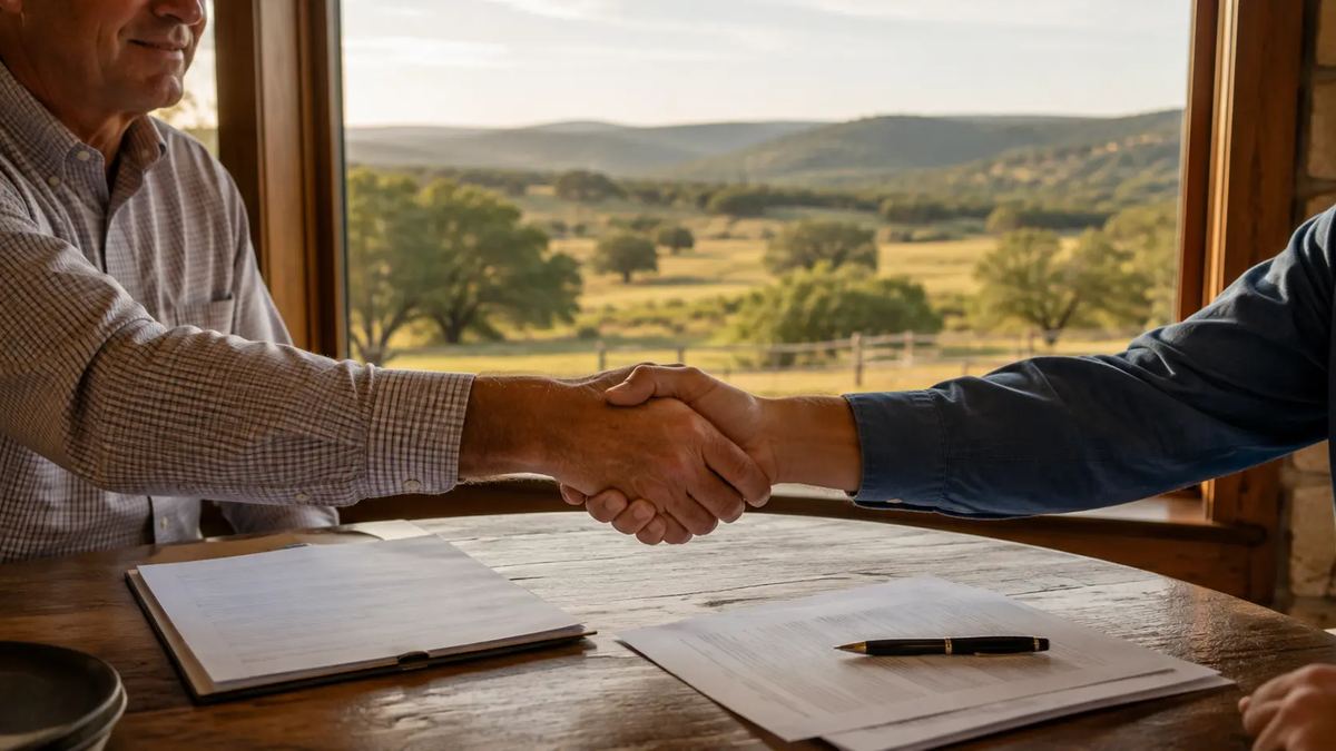 Handshake over ranch land documents with a Texas Hill Country ranch visible through a window in the background