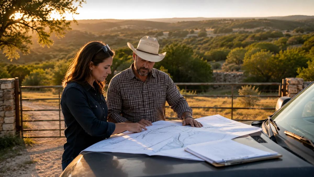Clipboard and land survey documents on a truck tailgate overlooking Texas Hill Country ranch land