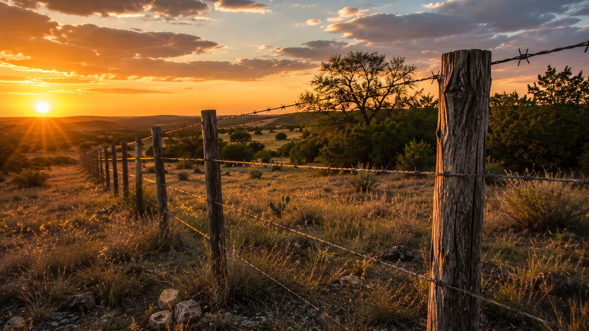 Barbed wire boundary fence on Texas Hill Country ranch land