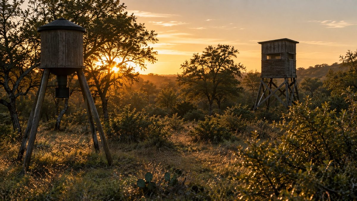 Whitetail deer feeder and elevated hunting blind on Texas Hill Country ranch land at dawn