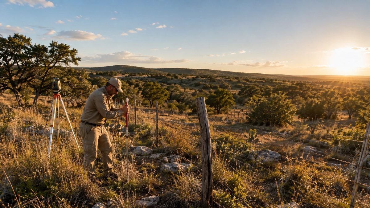 Licensed land surveyor marking property boundary corners on rural Texas ranch land