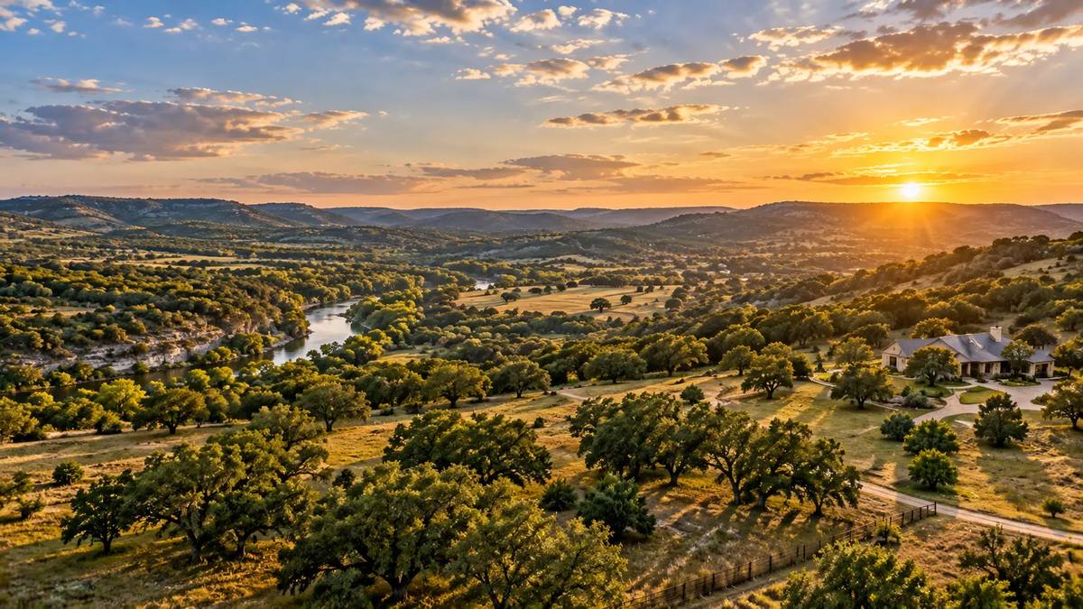 Aerial view of Texas Hill Country ranch land showing rolling terrain and scattered live oaks under a wide sky