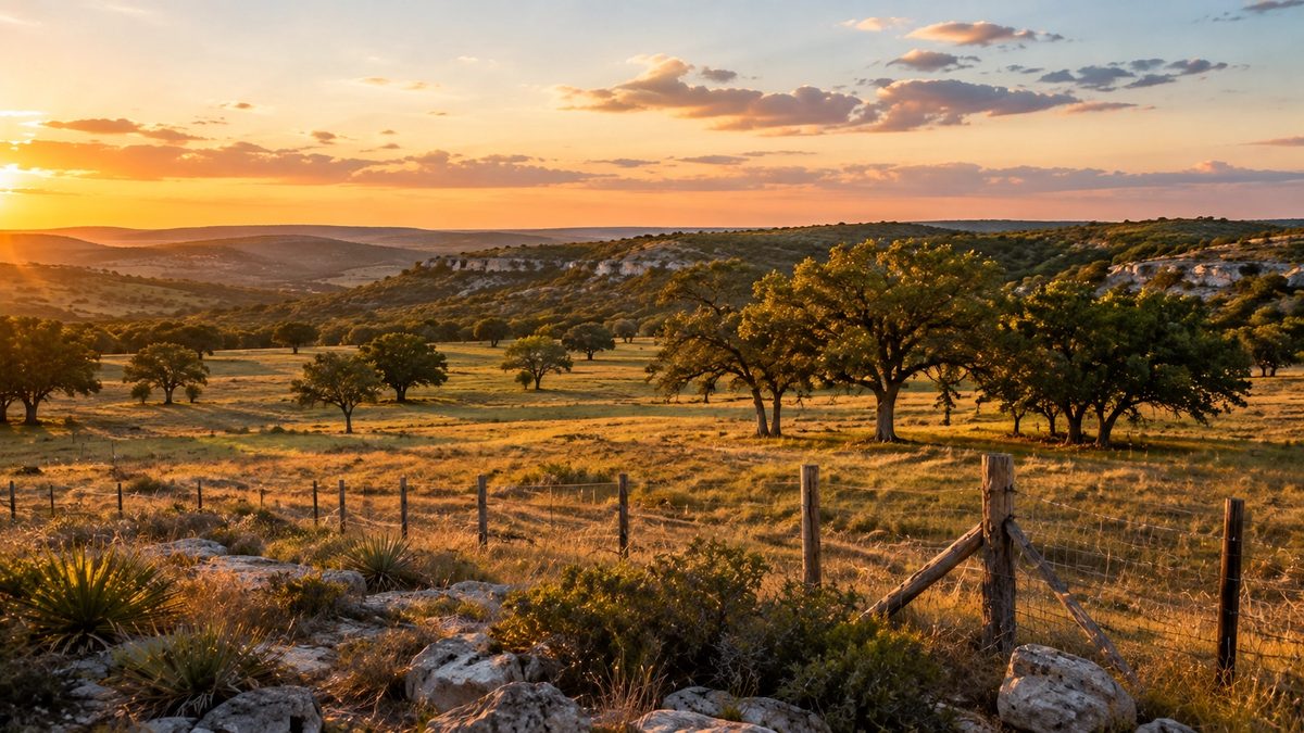 Rolling ranch land with cross fencing and live oaks in the Texas Hill Country at golden hour