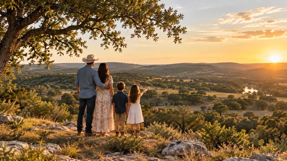 Family looking out over Texas Hill Country ranch land with rolling hills and live oaks at golden hour