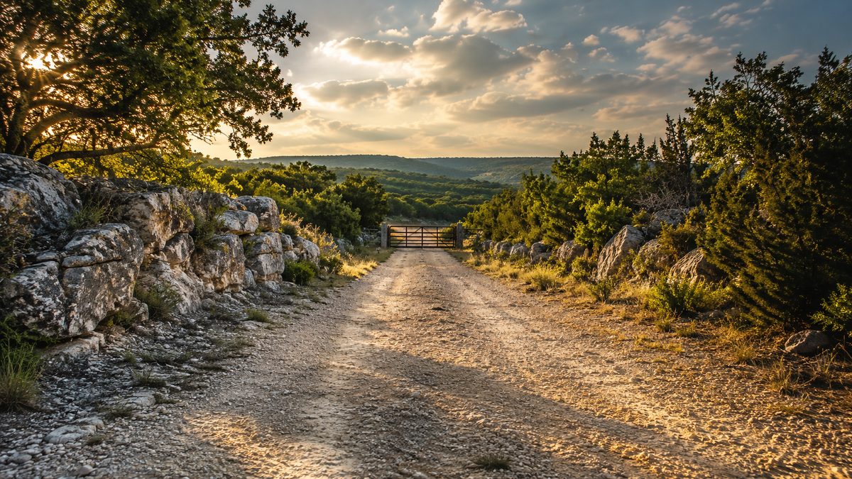 Private road crossing Texas Hill Country ranch land