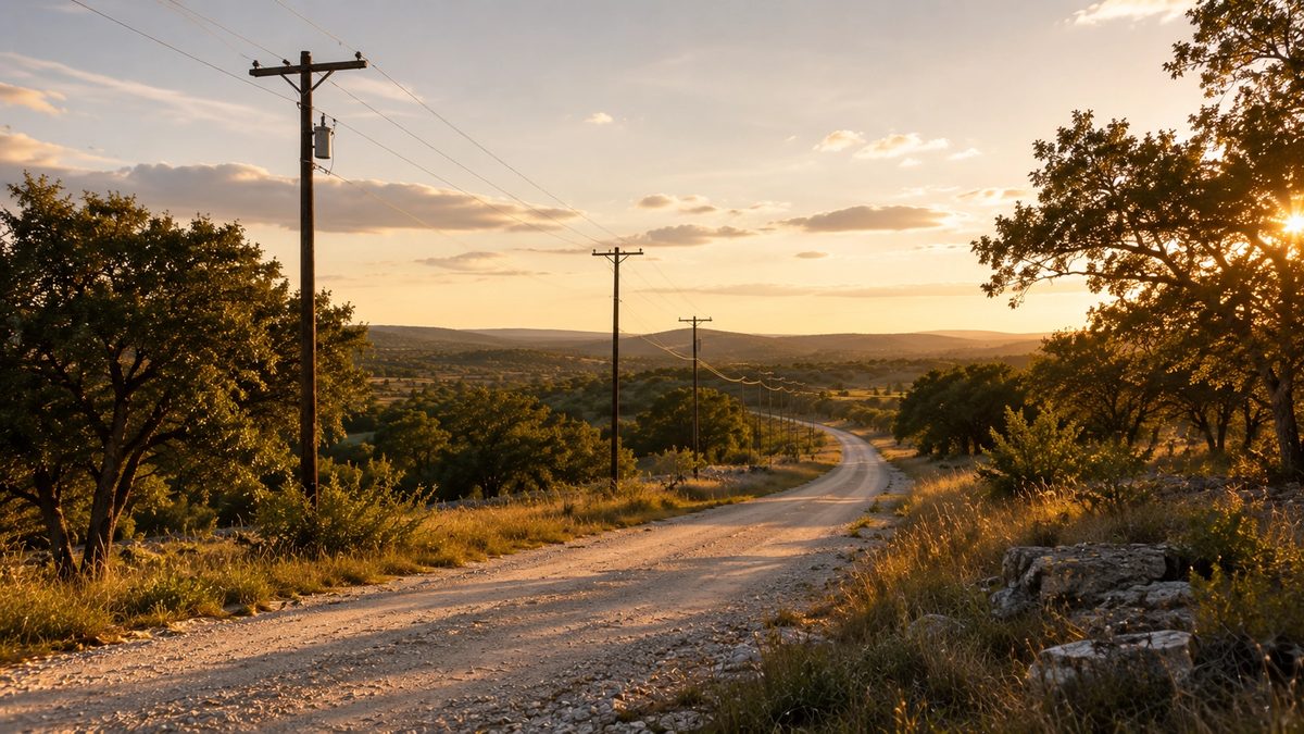 Rural Texas Hill Country property with power lines along a limestone road at dusk