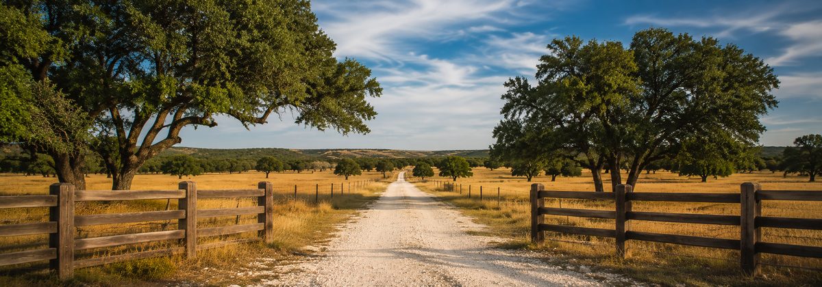 Gillespie County Texas ranch road through Hill Country pasture