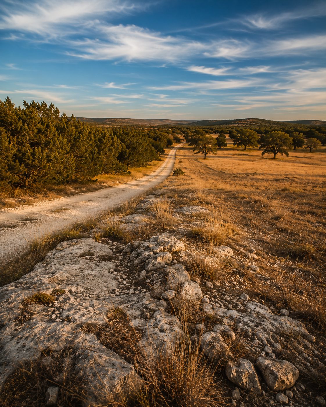 Caliche ranch road through Hill Country terrain — Blanco County, Texas